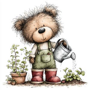 Può includere: Un'illustrazione stravagante di un orsacchiotto che fa giardinaggio. L'orso indossa una tuta verde, stivali rossi e tiene un annaffiatoio, curando le piante in vaso e nel terreno. L'orso ha un'espressione amichevole.
