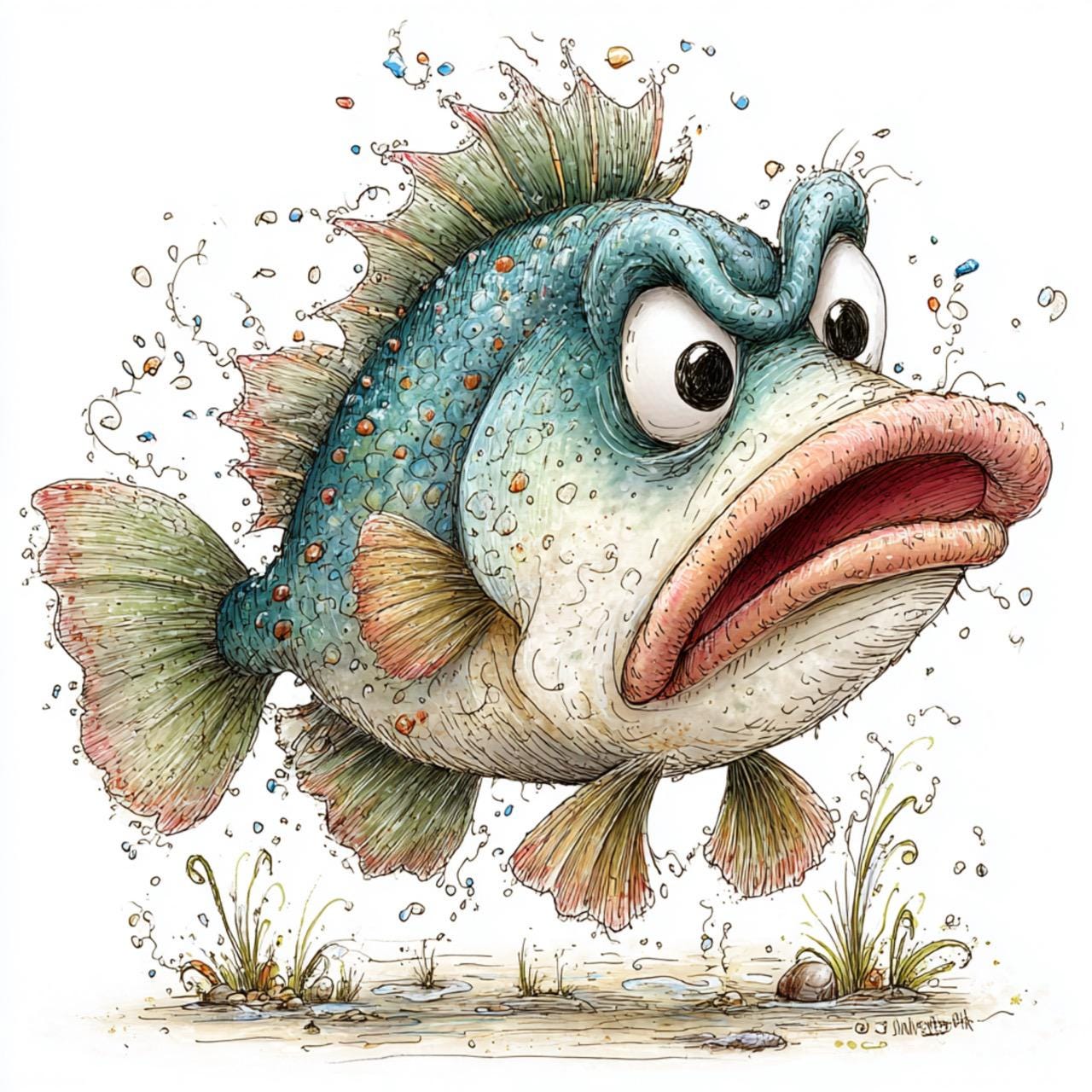 40 JPG Whimsical Grumpy Fish Clipart – Funny Sea Animal Illustrations ...