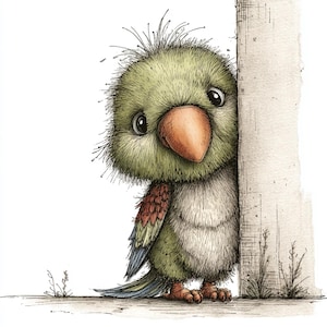 May include: A whimsical illustration of a green parrot with a large orange beak peeking from behind a white surface. The bird has fluffy feathers, big eyes, and a curious expression. The artwork is detailed with fine lines and watercolor effects.