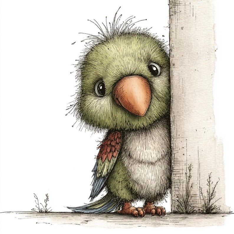 May include: A whimsical illustration of a green parrot with a large orange beak peeking from behind a white surface. The bird has fluffy feathers, big eyes, and a curious expression. The artwork is detailed with fine lines and watercolor effects.