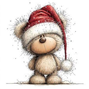 K&ouml;nnte beinhalten: Eine skurrile Illustration eines Teddyb&auml;ren mit rotem Weihnachtsm&uuml;tze mit wei&szlig;em Rand und einem flauschigen Bommel. Der B&auml;r hat ein hellbraunes Gesicht und K&ouml;rper, eine dunkelbraune Nase und einen sanften Ausdruck. Schneeflocken fallen um den B&auml;ren.