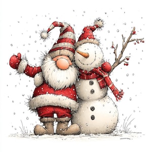 Op de afbeelding: Een grillige illustratie van een kerstman en een sneeuwpop die elkaar omarmen in een besneeuwde sc&egrave;ne. De kerstman draagt een rood-wit gestreepte hoed en pak. De sneeuwpop heeft een wortelneus en een rode sjaal. Sneeuwvlokken vallen.