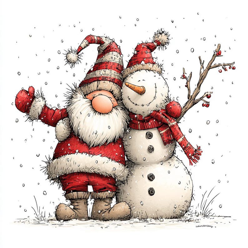 Op de afbeelding: Een grillige illustratie van een kerstman en een sneeuwpop die elkaar omarmen in een besneeuwde sc&egrave;ne. De kerstman draagt een rood-wit gestreepte hoed en pak. De sneeuwpop heeft een wortelneus en een rode sjaal. Sneeuwvlokken vallen.