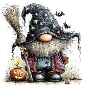 May include: A gnome illustration wearing a dark blue star-patterned wizard hat and a purple coat, holding a wooden broomstick. Beside the gnome is a glowing orange jack-o'-lantern, and two small black bats are flying in the background.
