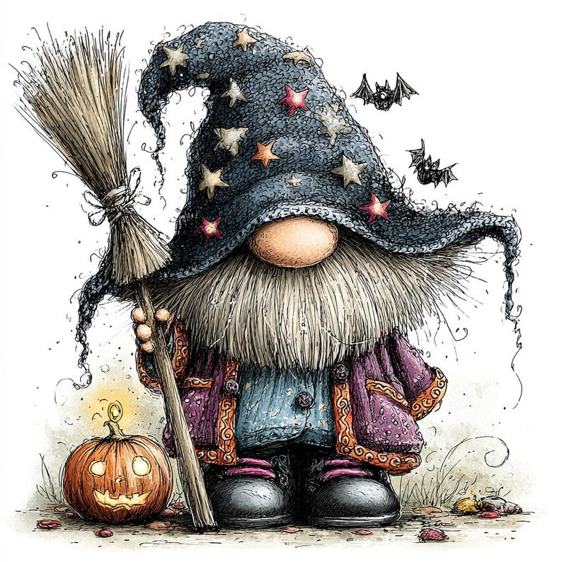 May include: A gnome illustration wearing a dark blue star-patterned wizard hat and a purple coat, holding a wooden broomstick. Beside the gnome is a glowing orange jack-o'-lantern, and two small black bats are flying in the background.
