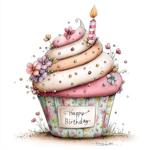 20 JPG Fantazyjnych Grafik Urodzinowych Babeczek – Kolekcja Clipartów Tortowych w Stylu JPG z Użytkiem Komercyjnym