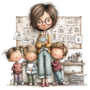 Puede incluir: Ilustración de una maestra con tres niños en un aula. La maestra lleva gafas y sostiene un libro frente a un tablón de anuncios con dibujos. Los niños visten ropa informal, y la escena tiene un ambiente cálido y acogedor.