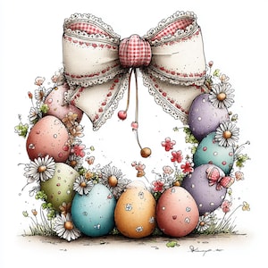 May include: A watercolor illustration of an Easter wreath. The wreath is composed of colorful eggs, daisies, and other small flowers. A large bow with a gingham center and lace trim sits at the top. The eggs are pastel colors with small floral and dot details.
