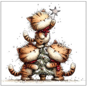 May include: A charming illustration featuring three ginger tabby cats around a Christmas tree. One cat holds a star, while the others wear red scarves and hug the tree. Snowflakes fall, creating a festive holiday scene.