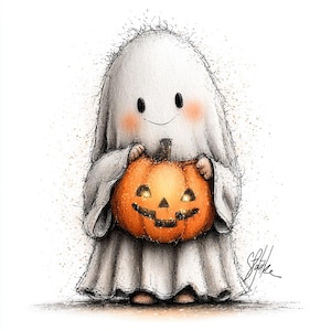 May include: A cute cartoon ghost holding an orange jack-o'-lantern. The ghost is white with rosy cheeks and black eyes. The pumpkin has a carved face and a glowing interior, perfect for Halloween.
