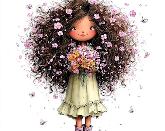 42 JPG Flicka Hållande Blomma Vår Clipart, Nyckfull Barnkammargrafik, JPG Digital Nedladdning