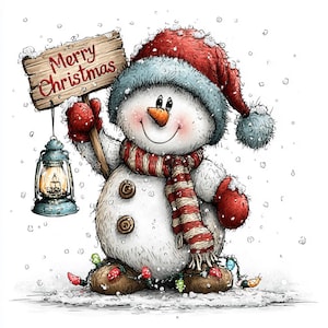 May include: A fluffy white snowman wearing a red hat with a blue pom-pom, a red and white striped scarf, and red mittens. It holds a wooden sign that says Merry Christmas and a lit lantern. A string of colorful lights wraps around its feet.