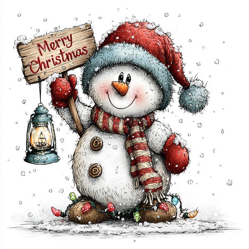May include: A fluffy white snowman wearing a red hat with a blue pom-pom, a red and white striped scarf, and red mittens. It holds a wooden sign that says Merry Christmas and a lit lantern. A string of colorful lights wraps around its feet.