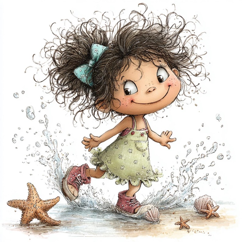 Op de afbeelding: Een grillige illustratie van een jong meisje met krullend bruin haar en een blauwe strik, gekleed in een lichtgroene jurk en roze schoenen, spetterend in het water. Een zeester en schelpen zijn ook aanwezig, wat een strandthema cre&euml;ert.