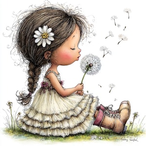 May include: Illustration of a young girl blowing on a dandelion. She wears a cream-colored dress with ruffles and a daisy in her hair. Her cheeks are rosy, and she sits in a grassy area with a large boot.