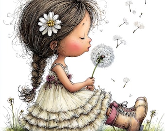 30 JPG Whimsical Spring Girl Clipart with Dandelion – Cute Little Girl Flower Art for Kids JPG