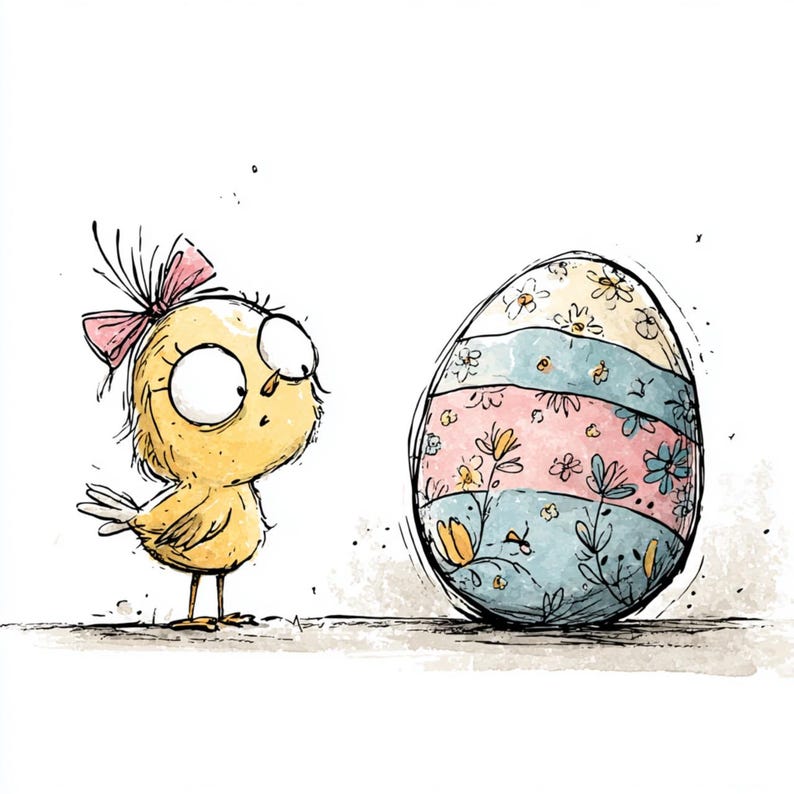 May include: A whimsical illustration of a yellow chick with a pink bow, gazing at a large, decorated Easter egg. The egg features floral patterns in pastel colors, including pink, blue, and yellow, creating a cheerful Easter theme.