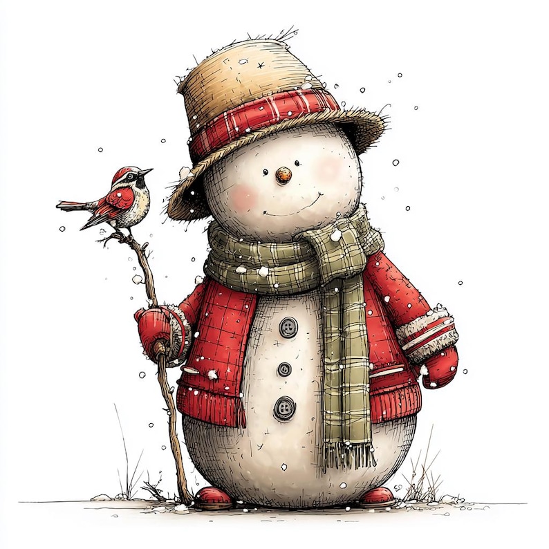 Op de afbeelding: Illustratie van een vrolijke sneeuwman. De sneeuwman draagt een strohoed met een rood geruite band, een rode jas, een groen-beige geruite sjaal en rode wanten. Een kleine rode vogel zit op een tak. Sneeuwvlokken vallen.