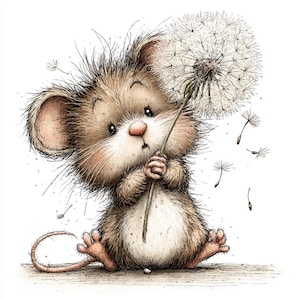 May include: A cute cartoon mouse with brown fur and a pink nose, holding a dandelion. The dandelion's seeds are blowing away. The illustration has a soft, whimsical style. Ideal for children's decor or greeting cards. The image is set against a white background.