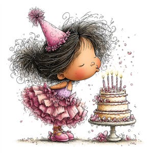 Op de afbeelding: Een illustratie van een meisje dat kaarsen uitblaast op een verjaardagstaart. Ze draagt een roze feesthoed en een roze jurk met ruches. De taart staat op een decoratieve standaard, versierd met bloemen.