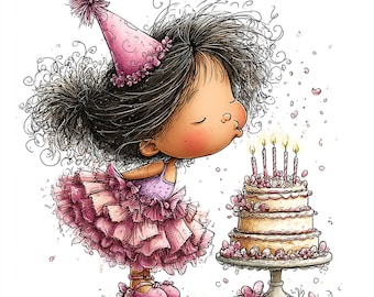 May include: A charming illustration of a girl blowing out candles on a birthday cake. She wears a pink party hat and a layered pink dress. The cake is on a decorative stand, decorated with flowers.