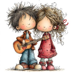 May include: A whimsical illustration of two cartoon figures, a boy playing a guitar and a girl. The boy wears a brown jacket, blue jeans, and orange shoes. The girl wears a red dress with heart details and pink boots. The image has a soft, hand-drawn style.