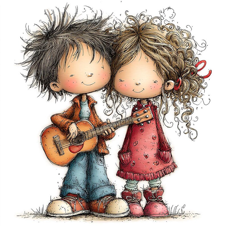 May include: A whimsical illustration of two cartoon figures, a boy playing a guitar and a girl. The boy wears a brown jacket, blue jeans, and orange shoes. The girl wears a red dress with heart details and pink boots. The image has a soft, hand-drawn style.
