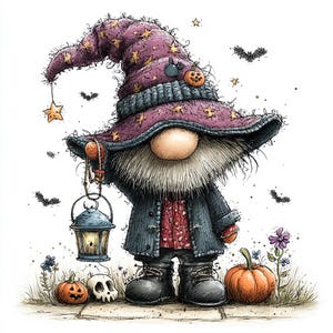 May include: A gnome illustration wearing a purple star-patterned wizard hat, a dark coat, and boots. The gnome holds a lit lantern, standing near two orange pumpkins, a small skull, and a purple flower, with small bats flying in the background.