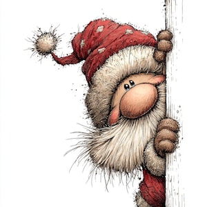 Puede incluir: Una ilustración caprichosa de Papá Noel asomándose por detrás de un poste de madera. Papá Noel lleva un gorro rojo con ribete blanco y un traje rojo a juego. Su larga barba blanca y sus mejillas rosadas contribuyen a su alegre apariencia. La obra de arte tiene un estilo texturizado, dibujado a mano.