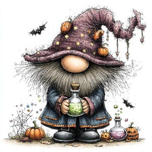 May include: A whimsical gnome illustration wearing a tall, purple, star-patterned wizard hat adorned with small pumpkins. The gnome has a long beard, holds a glass bottle with green liquid, and stands near a spiderweb, bats, and pumpkins.