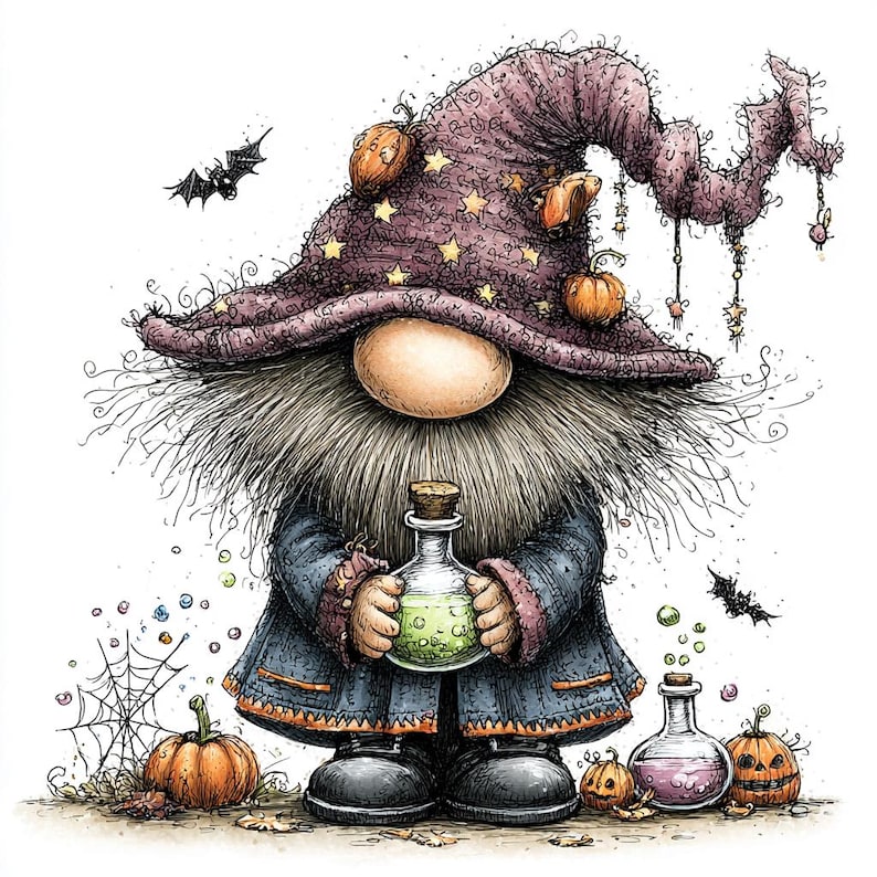 May include: A whimsical gnome illustration wearing a tall, purple, star-patterned wizard hat adorned with small pumpkins. The gnome has a long beard, holds a glass bottle with green liquid, and stands near a spiderweb, bats, and pumpkins.