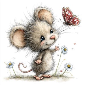 May include: A whimsical illustration of a cute mouse with fluffy gray fur, large ears, and blue eyes. The mouse is reaching towards a red and white butterfly. White daisies and small hearts are scattered around the mouse.