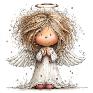 Puede incluir: Ilustración caprichosa de un ángel con cabello castaño claro y un halo dorado. El ángel viste una túnica blanca con detalles rojos y tiene grandes alas emplumadas. Las manos del ángel están juntas en oración, con pequeñas estrellas dispersas.