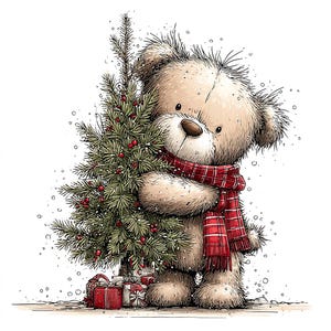 K&ouml;nnte beinhalten: Illustration eines Teddyb&auml;ren, der einen kleinen Weihnachtsbaum umarmt. Der B&auml;r tr&auml;gt einen rot-wei&szlig; karierten Schal. Verpackte Geschenke liegen am Fu&szlig;e des Baumes, der mit roten Beeren geschm&uuml;ckt ist. Schneeflocken fallen sanft.