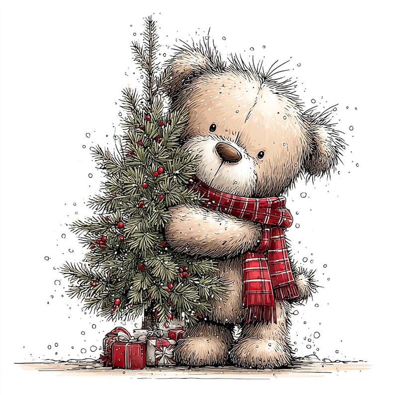 K&ouml;nnte beinhalten: Illustration eines Teddyb&auml;ren, der einen kleinen Weihnachtsbaum umarmt. Der B&auml;r tr&auml;gt einen rot-wei&szlig; karierten Schal. Verpackte Geschenke liegen am Fu&szlig;e des Baumes, der mit roten Beeren geschm&uuml;ckt ist. Schneeflocken fallen sanft.
