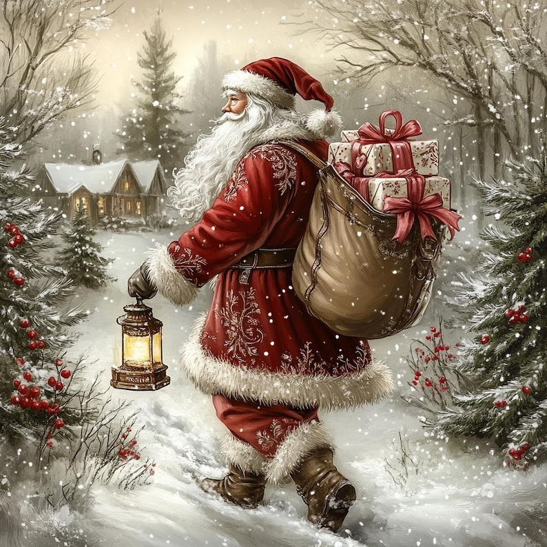 May include: A Santa Claus figure in a red coat with white fur trim and a matching hat, carrying a large brown sack filled with gift boxes tied with red ribbons. Santa holds a lit lantern while walking through a snowy forest with pine trees.