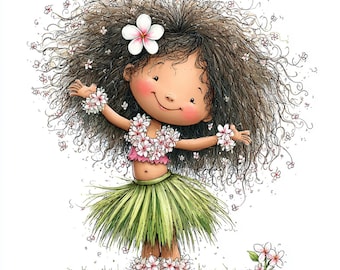 50 JPG Whimsical Hawaii Little Girl Clipart, Cute Tropical Summer Kid Illustration, Luau Party Art, Commercial Use JPG