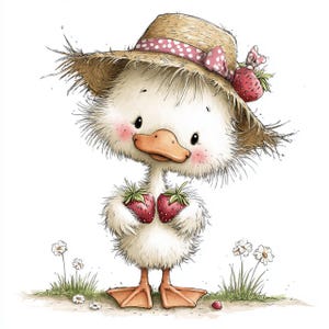 May include: A charming cartoon duck wearing a straw hat with a pink polka-dot ribbon and bow. The duck holds two ripe red strawberries, with a few daisies and grass in the foreground. The duck has rosy cheeks and an orange beak.