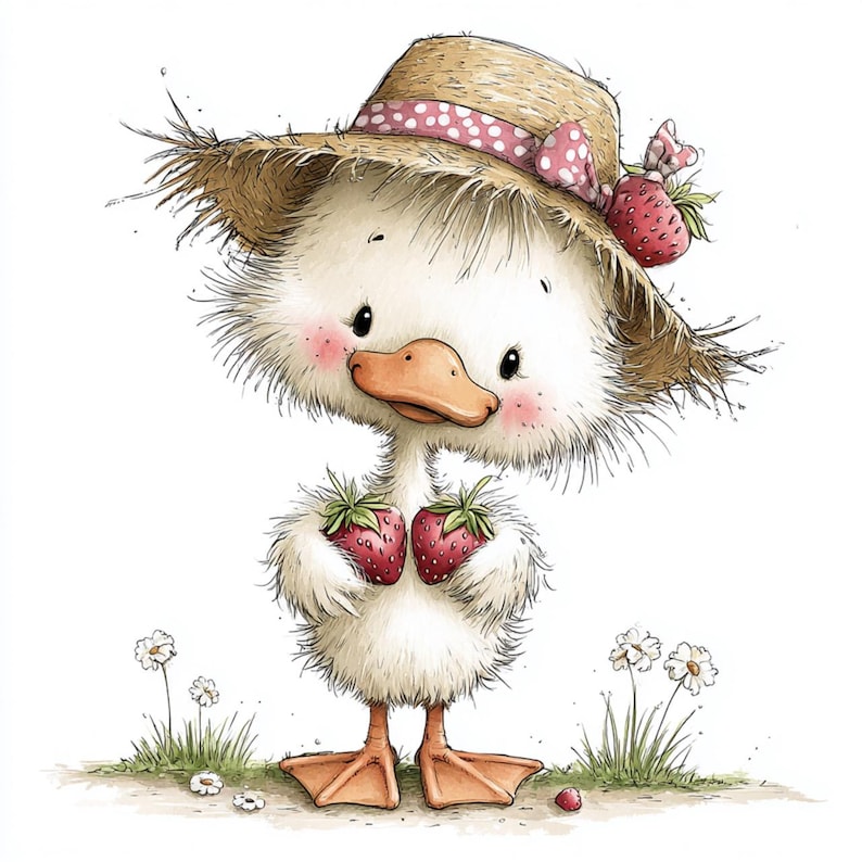 May include: A charming cartoon duck wearing a straw hat with a pink polka-dot ribbon and bow. The duck holds two ripe red strawberries, with a few daisies and grass in the foreground. The duck has rosy cheeks and an orange beak.