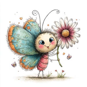 Könnte beinhalten: Eine skurrile Illustration eines lächelnden Schmetterlings, der eine große Gänseblümchen hält. Der Schmetterling hat blau-orangefarbene Flügel, rosige Wangen und große blaue Augen. Kleine Schmetterlinge und Herzen schweben um die Hauptfigur.