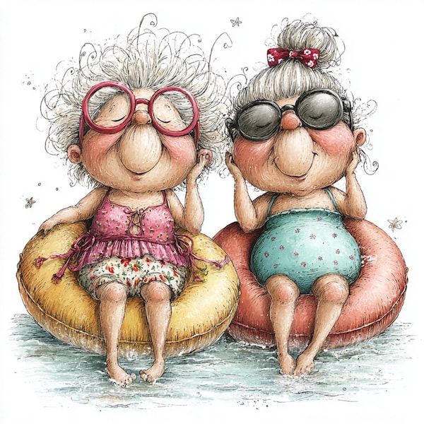 33 JPG Pacchetto di clipart di nonne stravaganti e amiche – Collezione di divertenti signore anziane estive in formato JPG / Uso commerciale