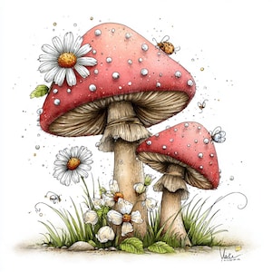 May include: Watercolor illustration of two red mushrooms with white spots, daisies, and green grass. A small bee and a butterfly are also present. The artwork has a whimsical, fairytale-like quality, perfect for wall art or greeting cards.
