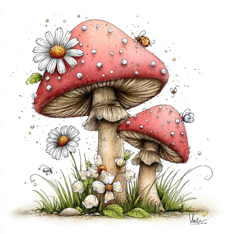 May include: Watercolor illustration of two red mushrooms with white spots, daisies, and green grass. A small bee and a butterfly are also present. The artwork has a whimsical, fairytale-like quality, perfect for wall art or greeting cards.