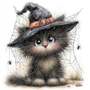 Pode incluir: Um gatinho preto fofo com olhos azuis grandes e bochechas rosadas usa um chapéu de bruxa preto com uma faixa e fivela laranja. O gatinho está posicionado em frente a uma teia de aranha com duas pequenas aranhas pretas penduradas nos fios.