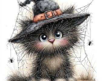 60 JPG Whimsical Halloween Cat Clipart Bundle – Spooky Black Cat JPG Set | Commercial Use