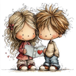 May include: A charming illustration of two cartoon children, a girl with blonde curly hair and a boy with brown hair, standing close together. They are reading a book with a red heart on the cover. The girl wears a red coat, and the boy wears a beige sweater and blue jeans.