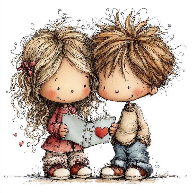 May include: A charming illustration of two cartoon children, a girl with blonde curly hair and a boy with brown hair, standing close together. They are reading a book with a red heart on the cover. The girl wears a red coat, and the boy wears a beige sweater and blue jeans.