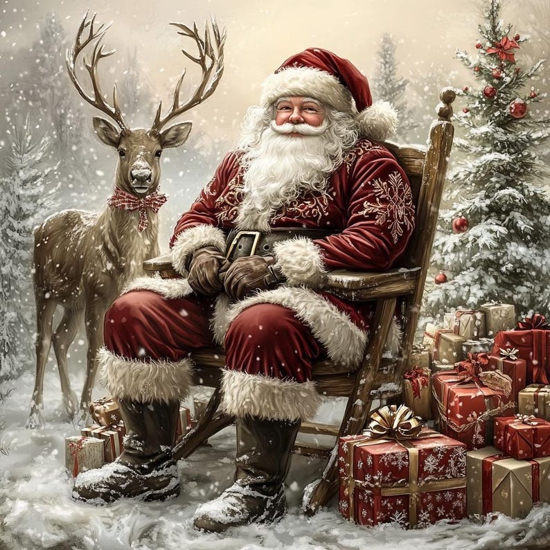 May include: Santa Claus with a white beard and red suit with white fur trim sits in a wooden chair next to a reindeer wearing a red bow. A decorated Christmas tree and several wrapped gift boxes with ribbons are positioned in the snowy scene.