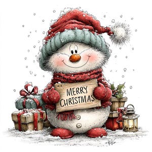May include: A snowman wearing a red and green knit hat with a pom-pom and a red scarf, holding a wooden sign that reads MERRY CHRISTMAS. The snowman is surrounded by wrapped gift boxes, a small lantern, and holly, all set against a snowy backdrop.
