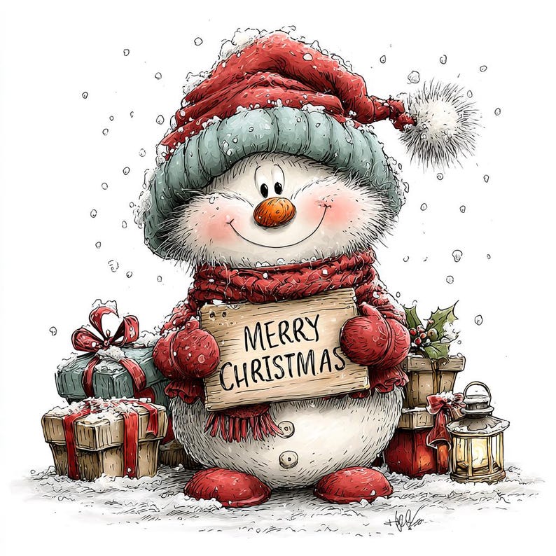 May include: A snowman wearing a red and green knit hat with a pom-pom and a red scarf, holding a wooden sign that reads MERRY CHRISTMAS. The snowman is surrounded by wrapped gift boxes, a small lantern, and holly, all set against a snowy backdrop.